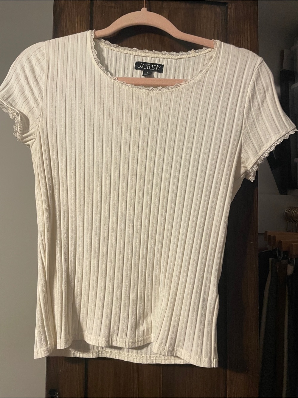 J. Crew Cream Ribbed Short Sleeve Tee with Scallop Trim